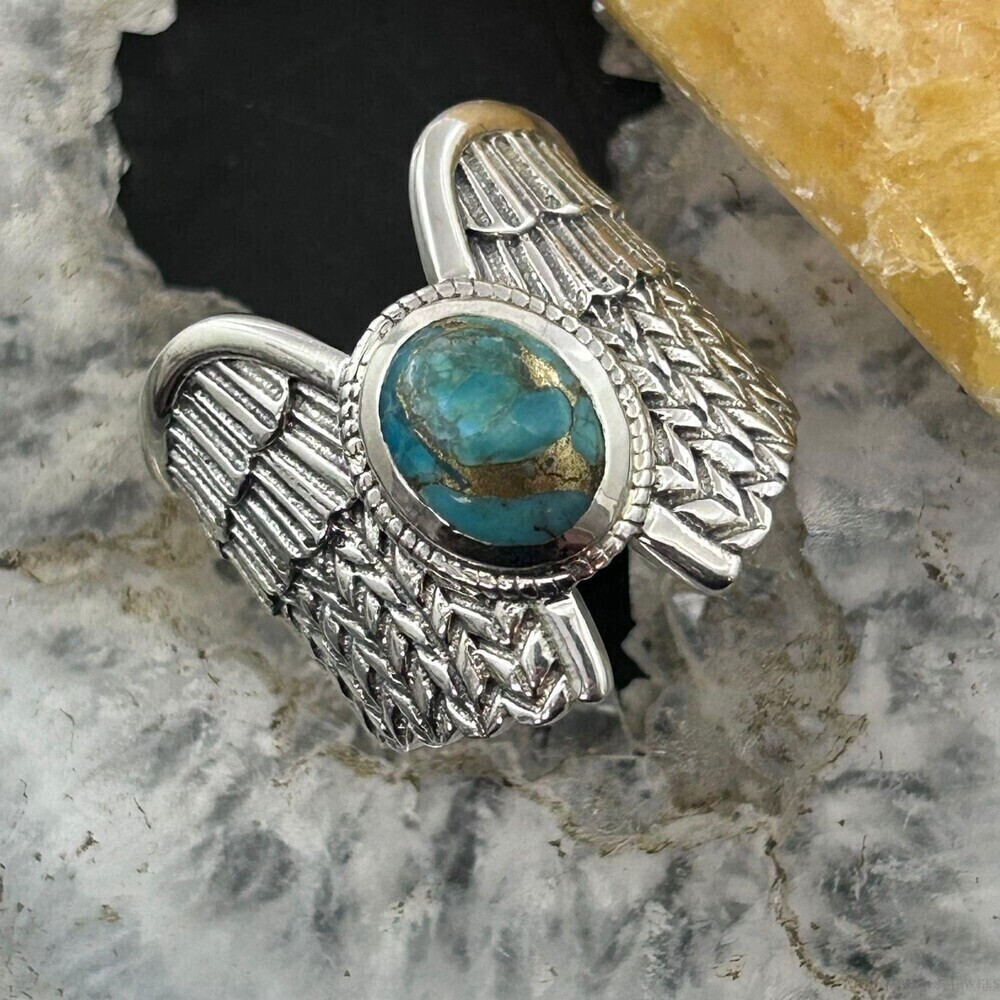 Sterling Silver Southwestern Style Copper Turquoise Unisex Wing Ring Size 9